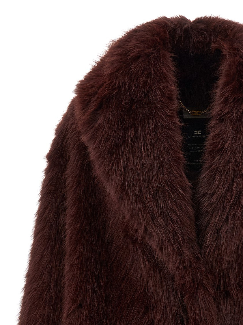 Elisabetta Franchi Burgundy Faux Fur Long Coat
