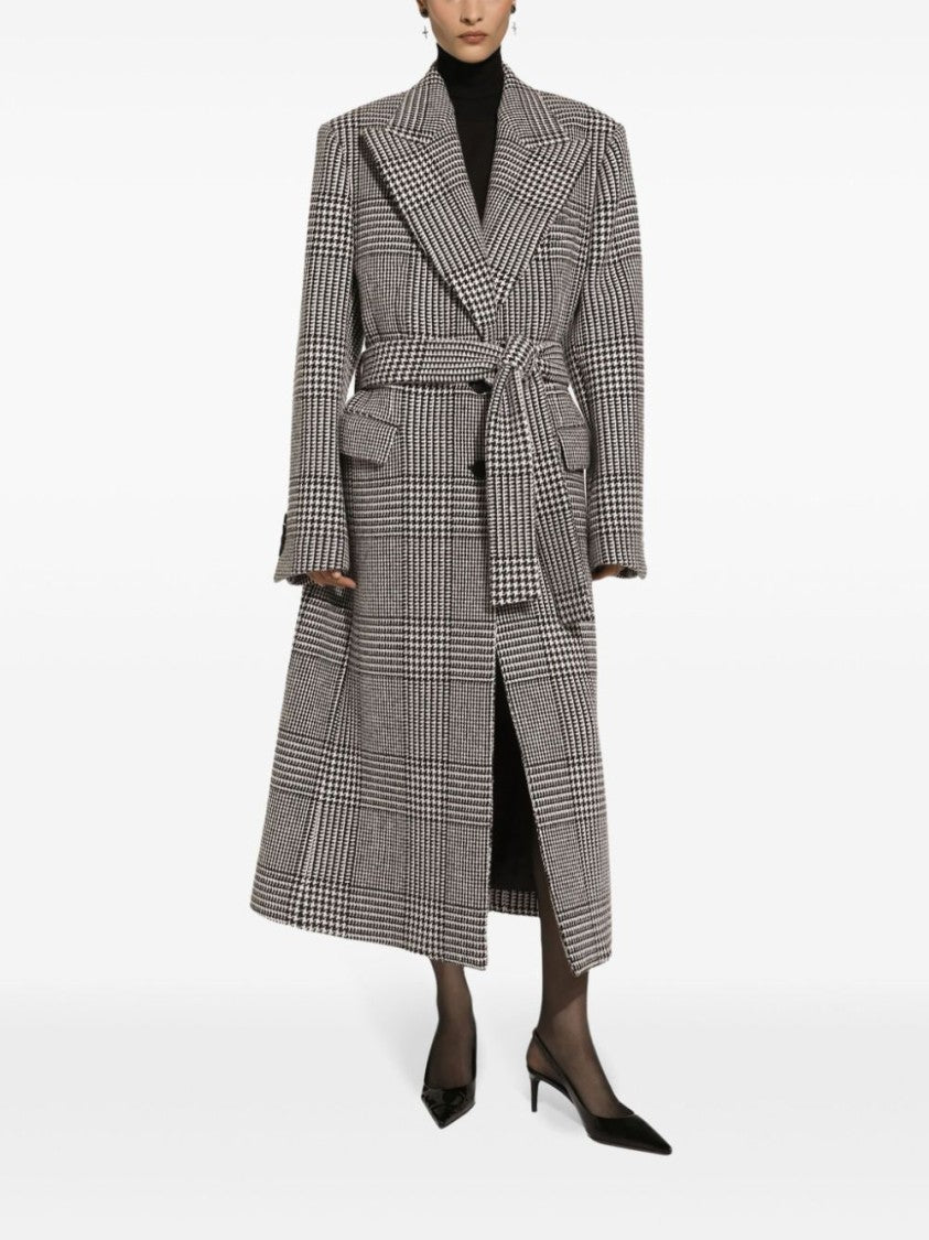 Dolce & Gabbana Houndstooth Pattern Long Coat With Tailored Silhouette