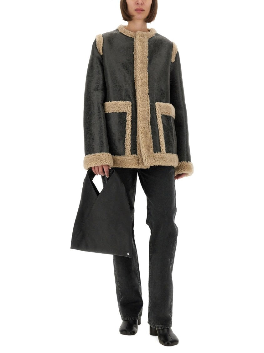 Mm6 By Maison Margiela Textured Black Shearling Jacket With Plush Trim