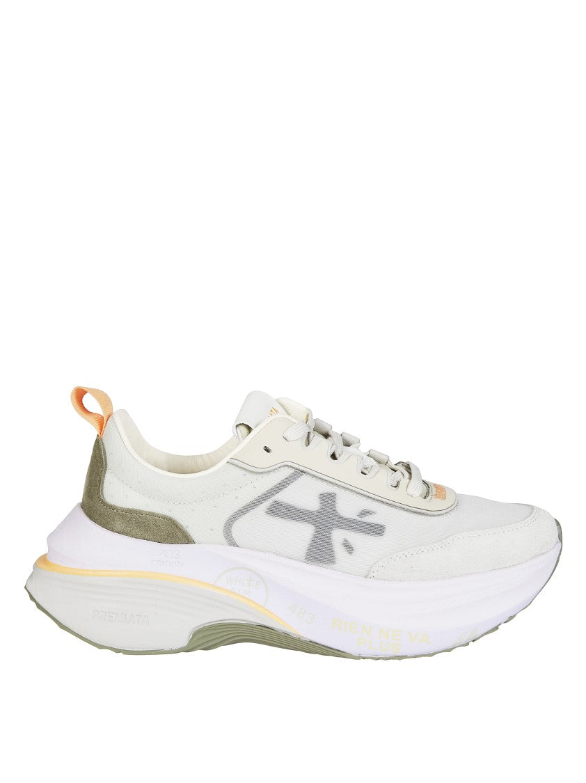 Premiata Light Beige Sneakers With Olive Green Suede Accents