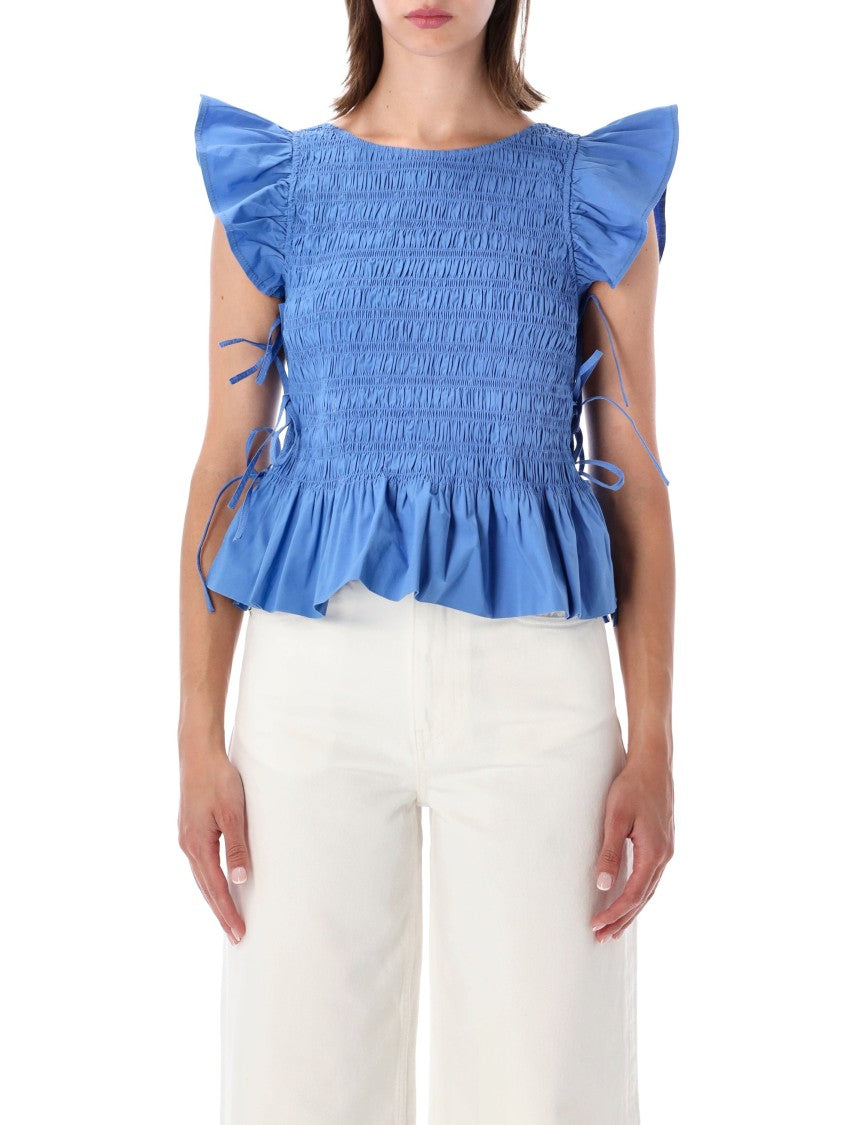Ganni Textured Smocked Top With Ruffled Sleeves And Tie Details
