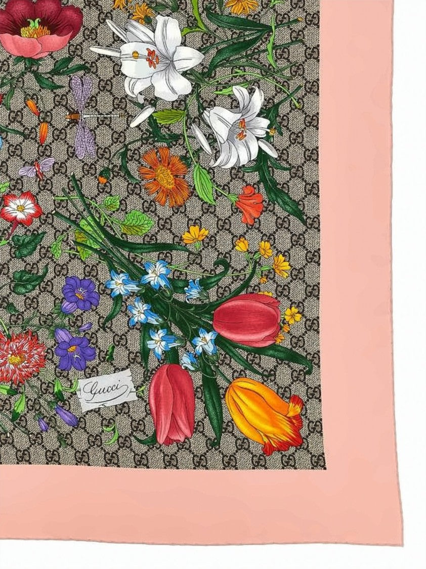 Gucci Monogram Silk Scarf With Floral Print