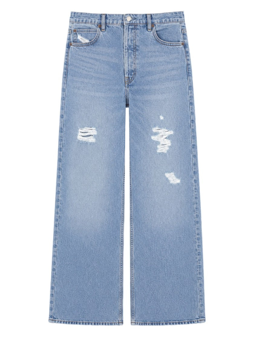 Frame Light Blue Wide-Leg Distressed Cotton-Blend Jeans