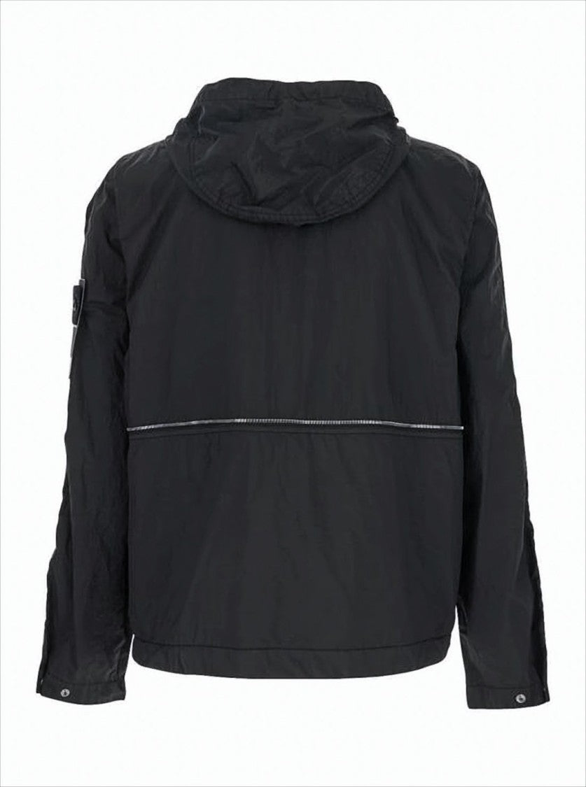 Stone Island Black Lightweight Hooded Jacket With Reflective Piping And Distinctive Patch