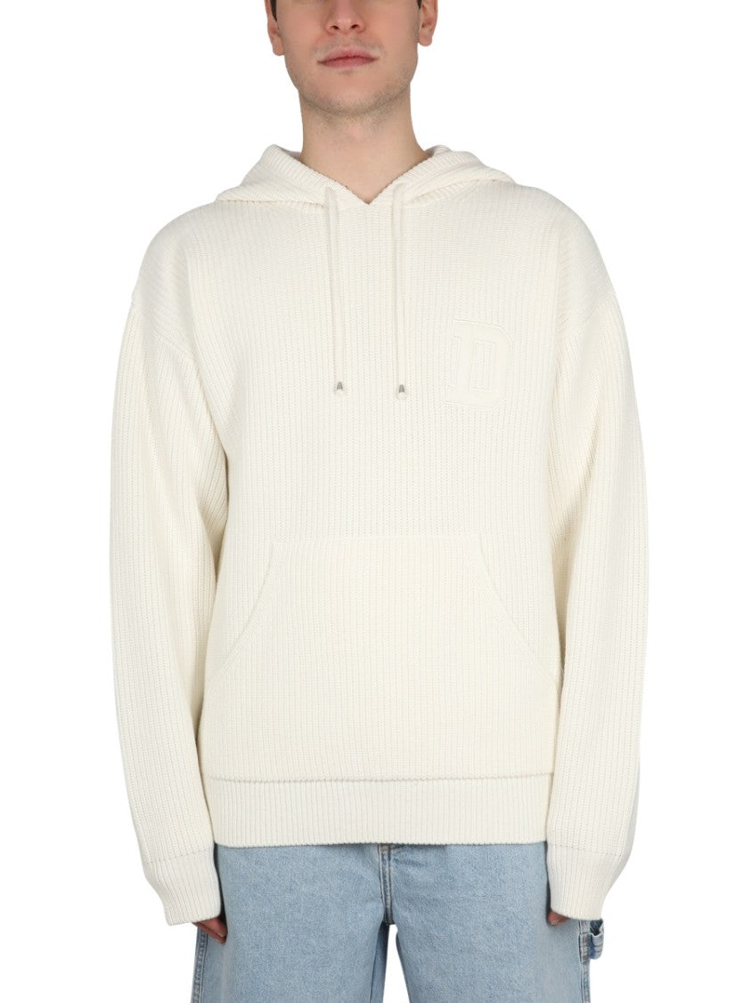 Drôle De Monsieur Ribbed White Hooded Shirt With Drawstring
