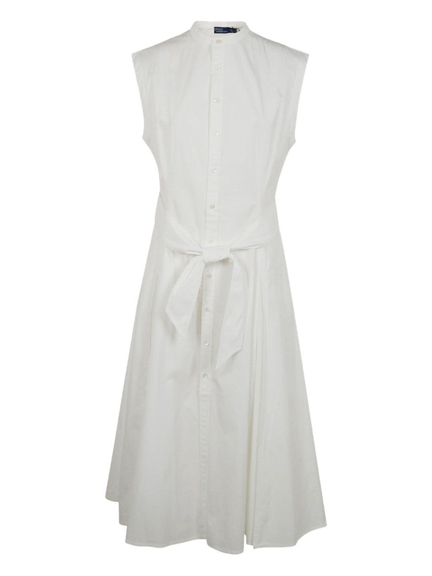 Polo Ralph Lauren Sleeveless White Cotton Dress With Pleat Detailing