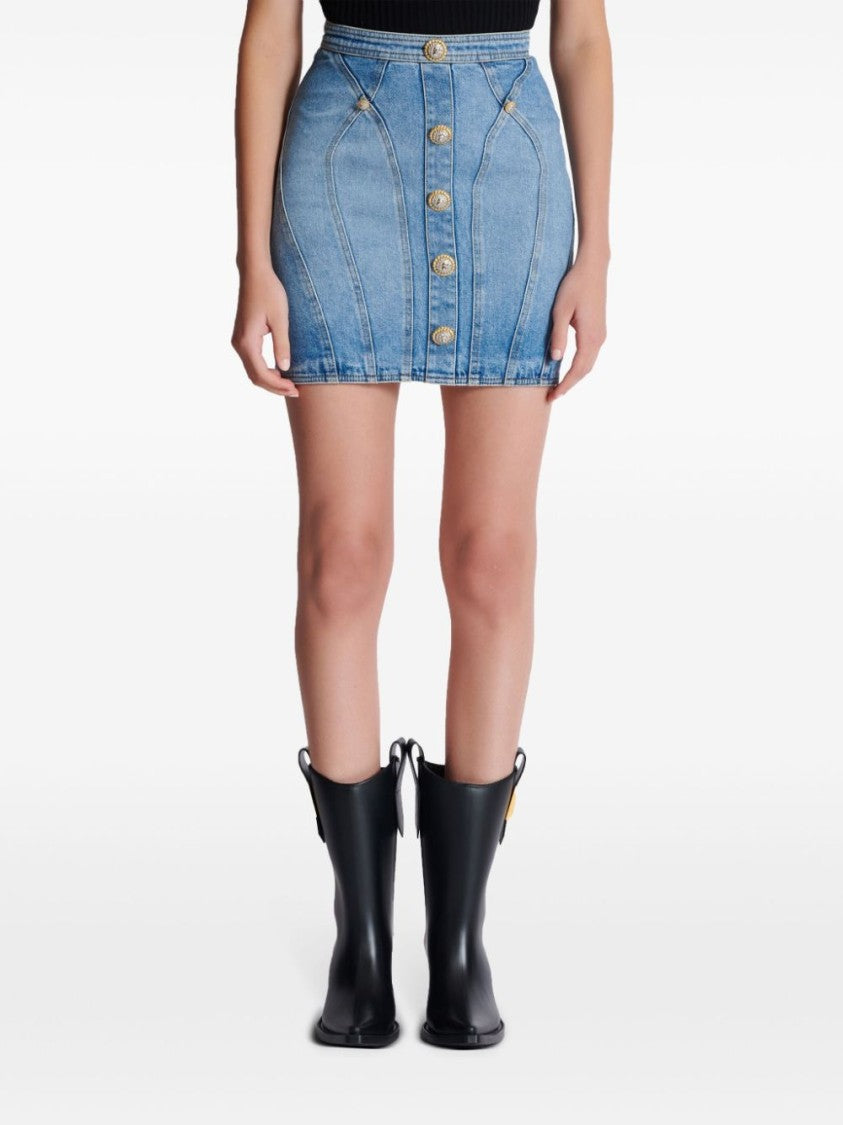 Balmain Thigh-Length Light Blue Stretch-Cotton Denim Skirt