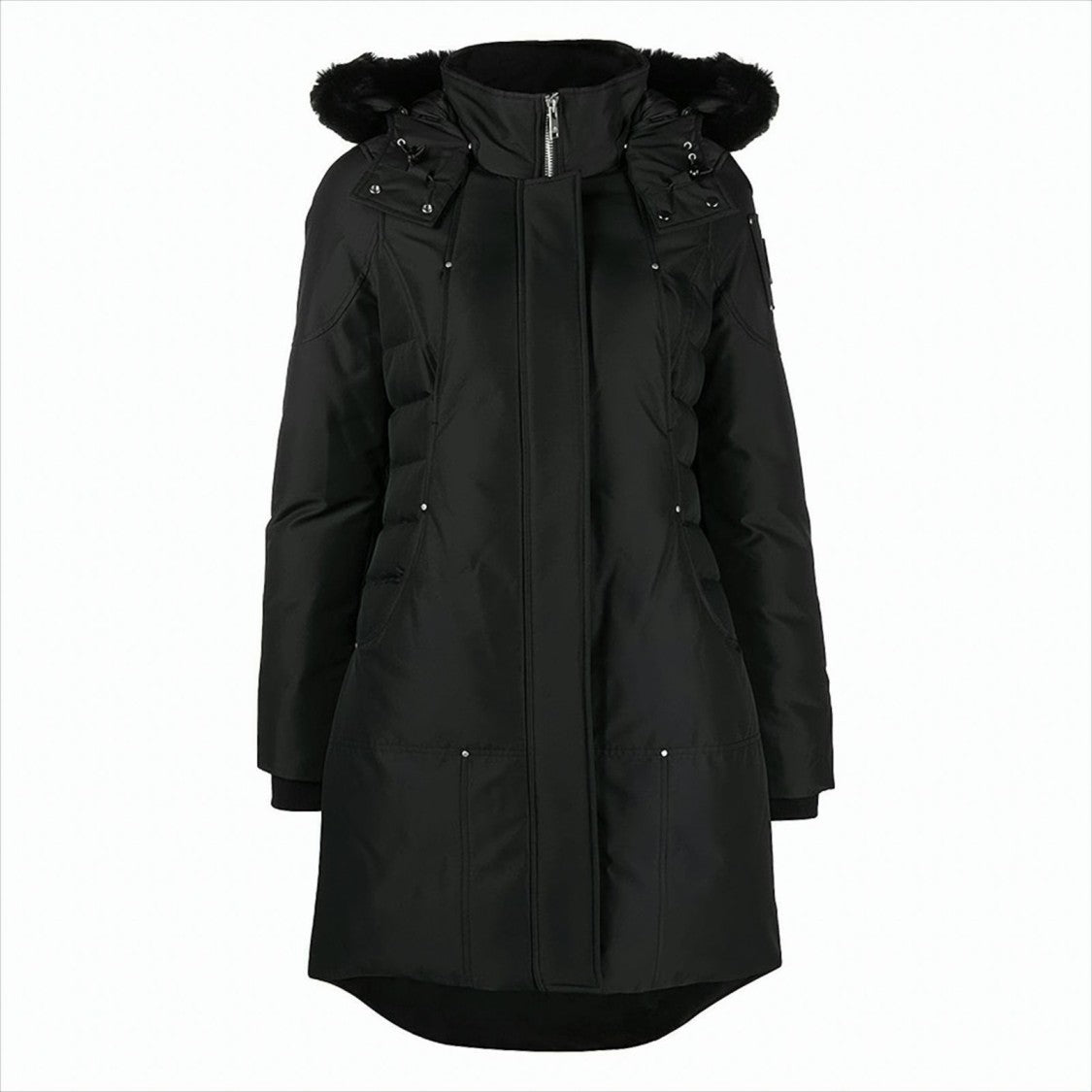 Moose Knuckles Longline Black Padded Parka With Fur-Trimmed Hood