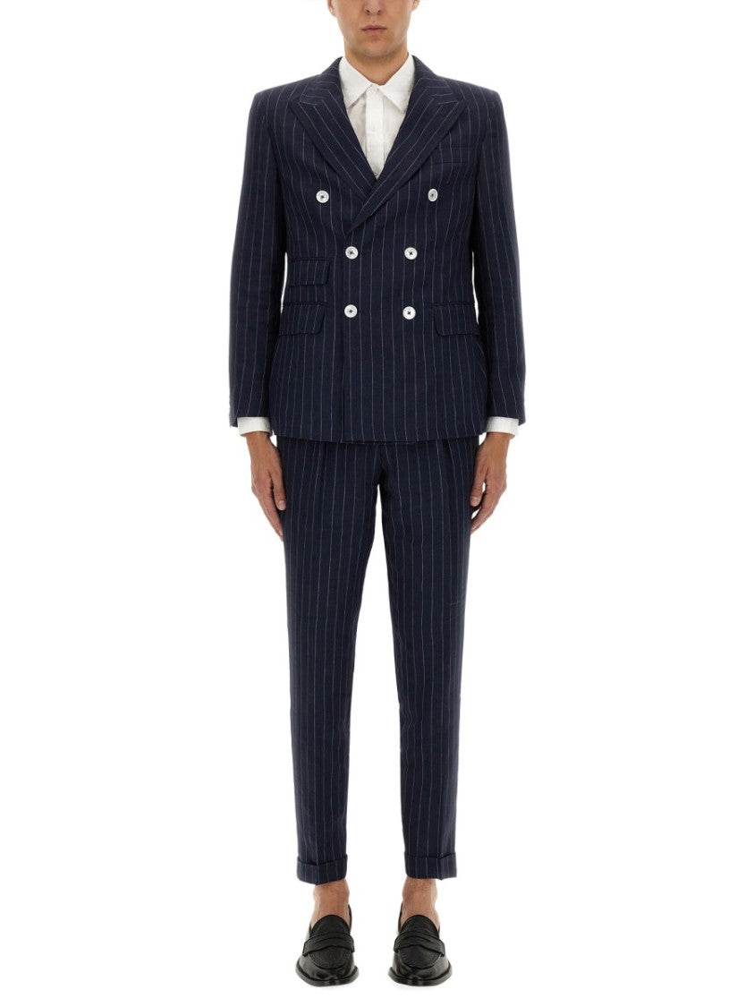 Boss Camel Tailored Double-Breasted Linen Suit With Pinstripe Design