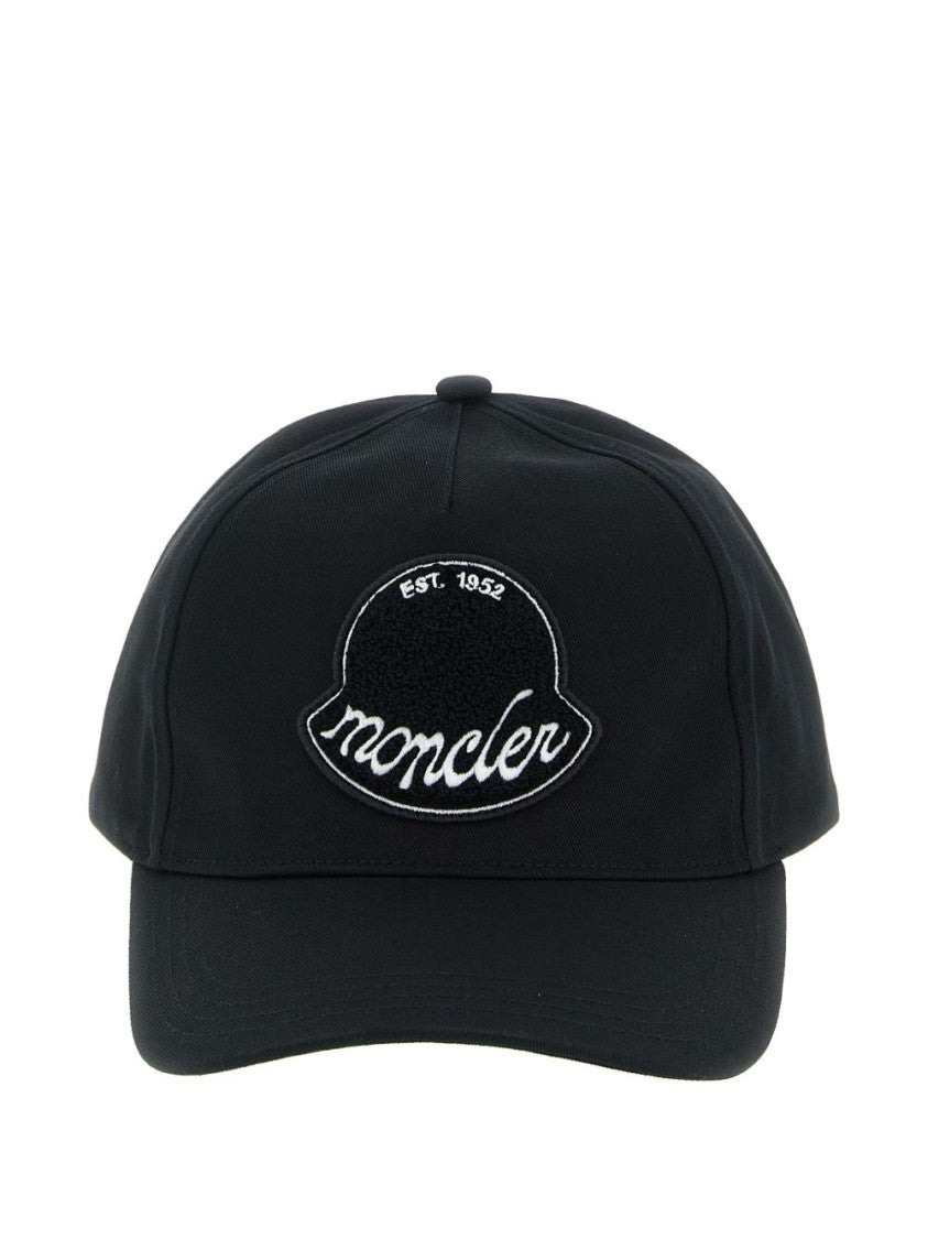 Moncler Structured Black Cotton Cap With Embroidered Patch
