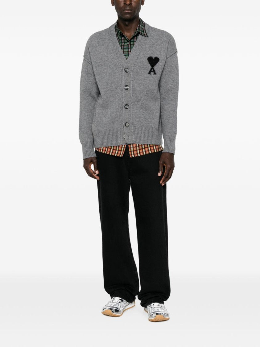 Ami Paris Grey Knit Cardigan Sweater With Embroidered Heart Detail