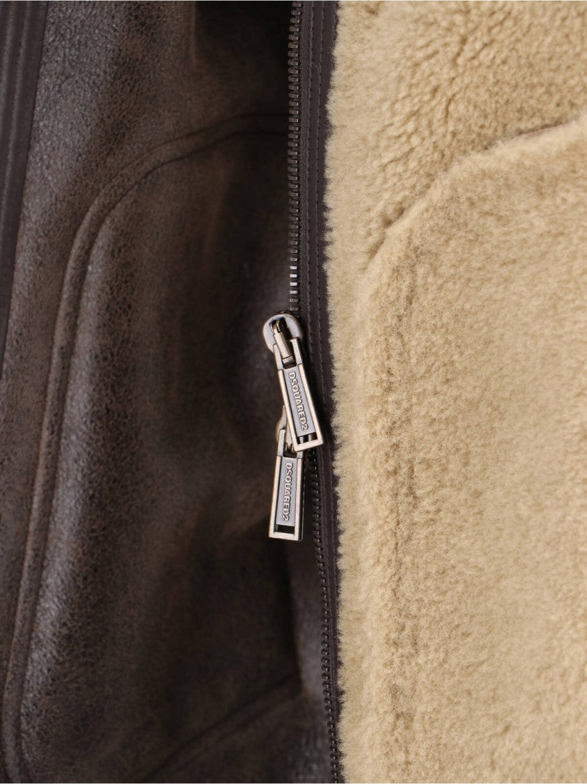 Dsquared2 Beige Shearling Jacket With High Collar