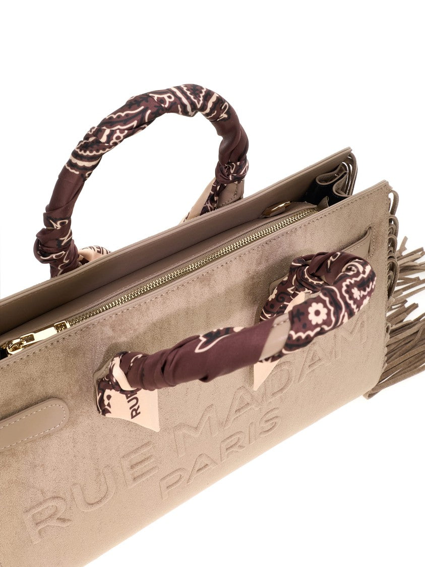 Rue Madam Paris Rectangular Suede Tote Bag With Fringes And Patterned Handles