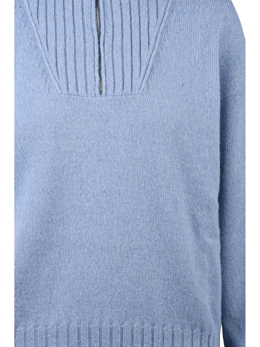 Peserico Easy Lamé Knit Turtleneck Sweater With Front Zip And Ribbed Details