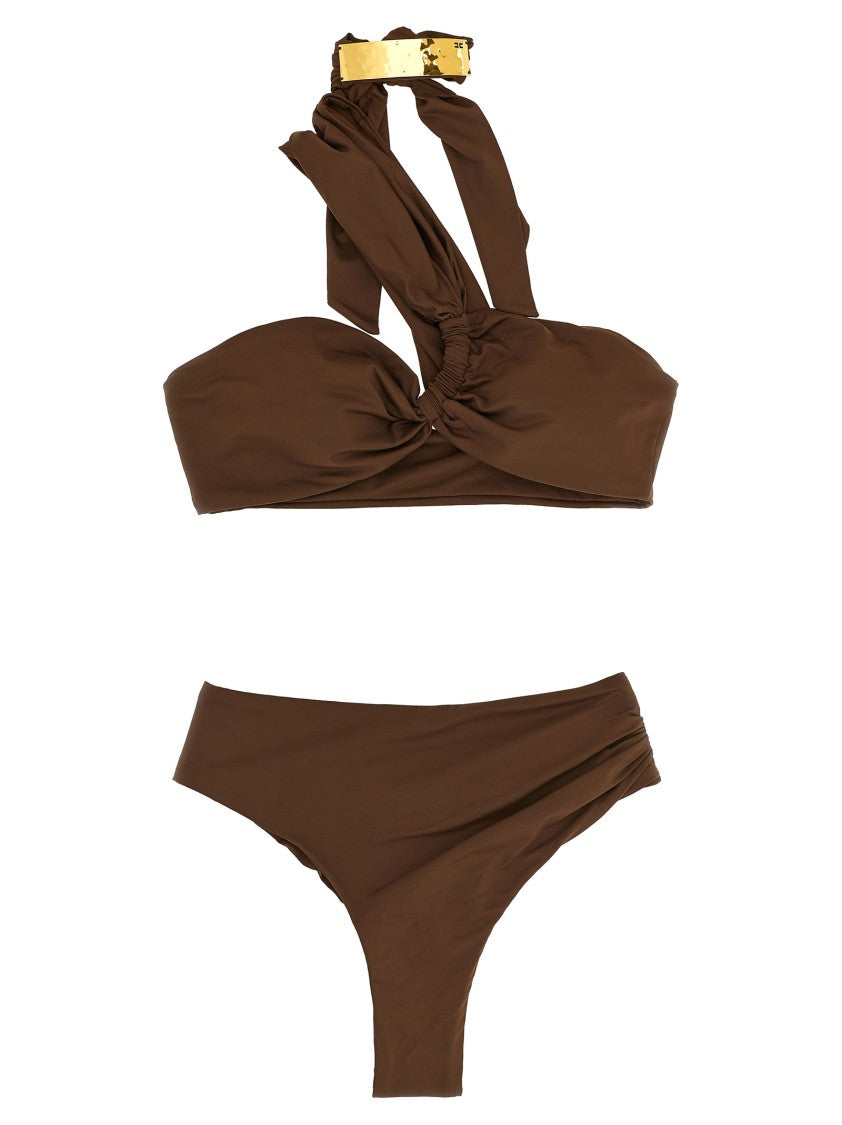 Elisabetta Franchi One-Shoulder Lycra Bikini With Hammered Metal Detail