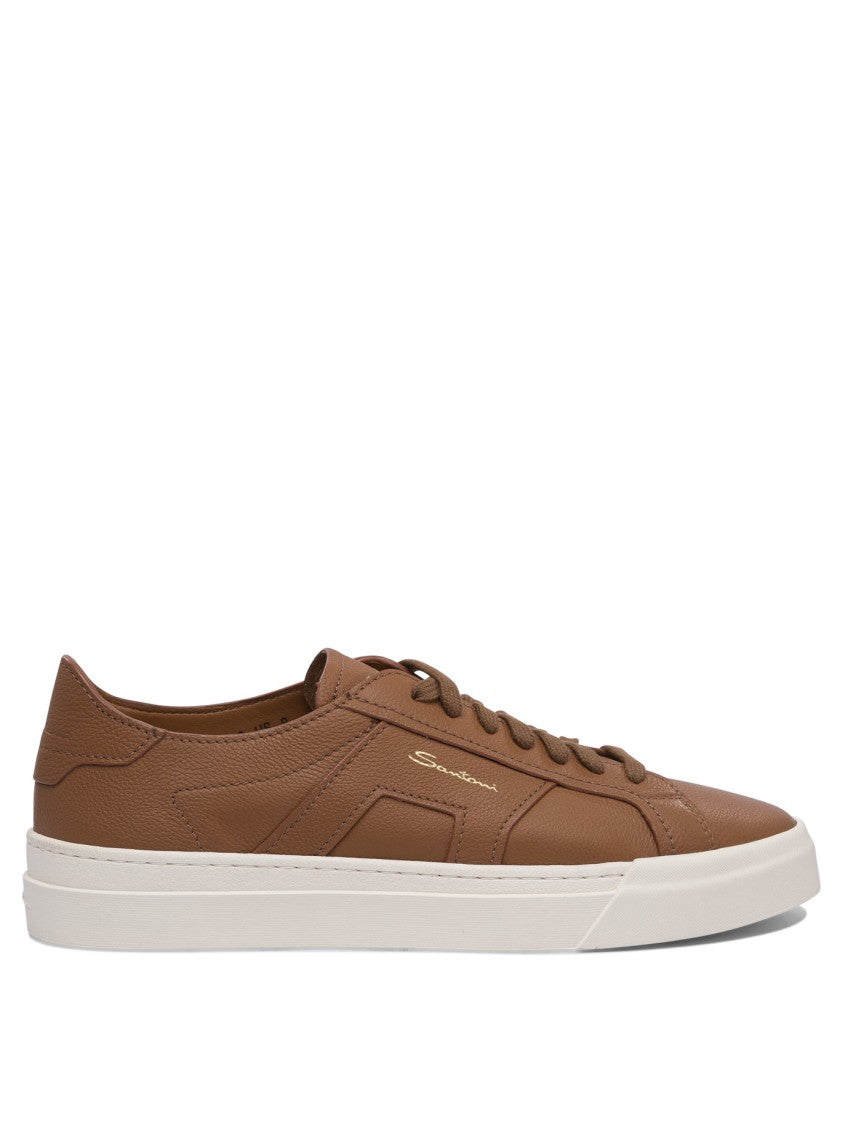 Santoni Brown Calf Leather Slip-On Sneakers