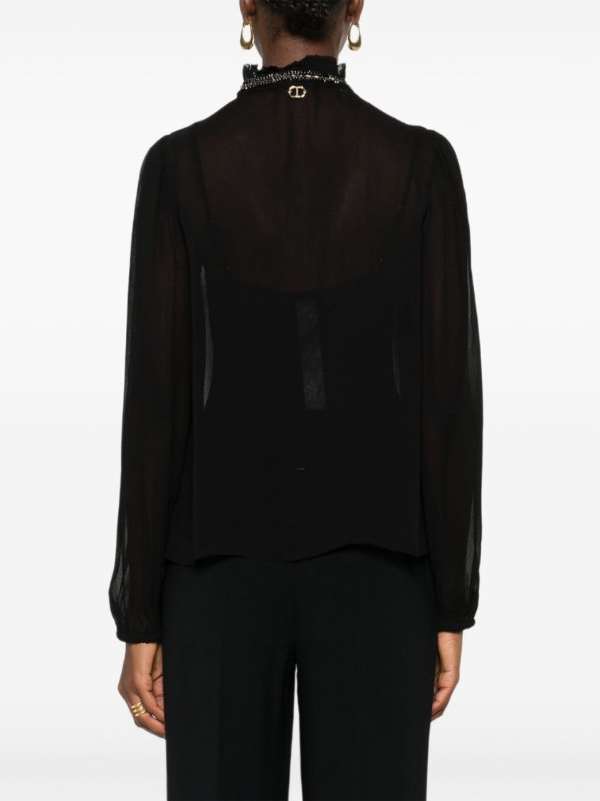Twin-Set Ruffled Black Blouse With Bead Embellishments