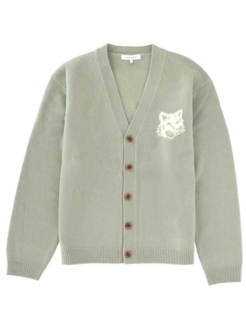 Maison Kitsuné Sage Green Fox Head Merino Extrafine Cardigan