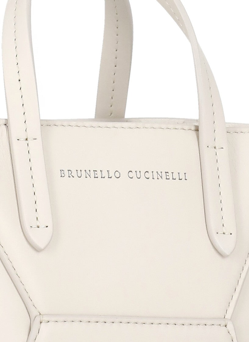 Brunello Cucinelli Ivory Leather Handbag With Contrasting Logo