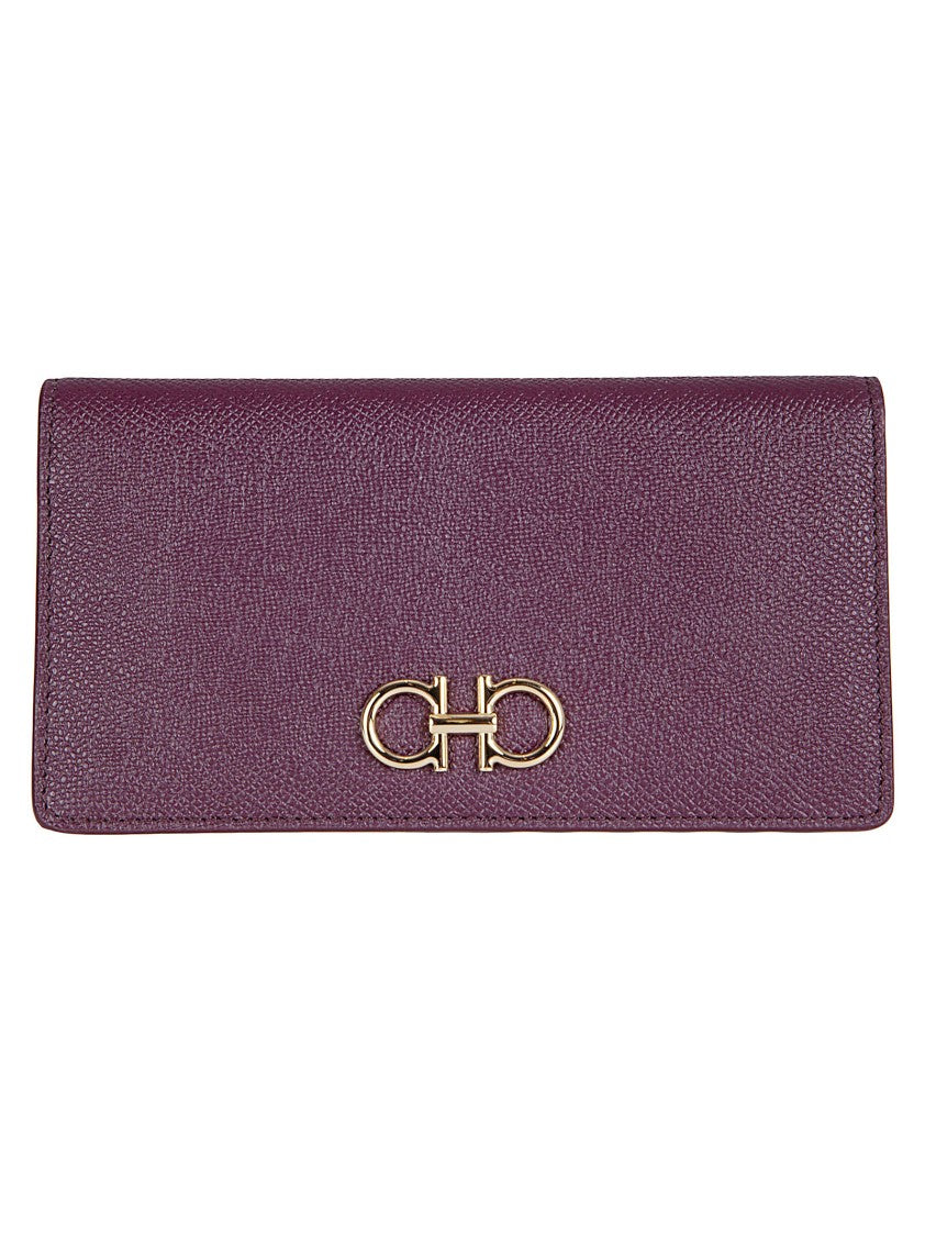 Ferragamo Continental Wallet In Textured Calfskin With Iconic Gold Gancini Buckle