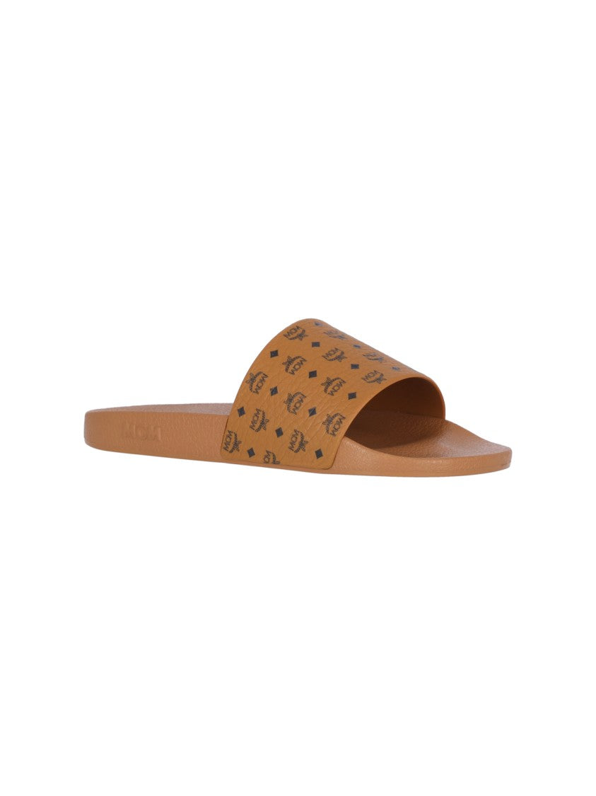 Mcm "Monogram Print" Slide Sandals Brown