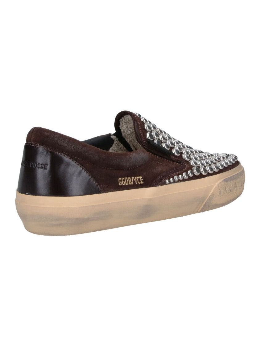 Golden Goose Dark Brown Slip-On Sneakers With Silver-Studded Design