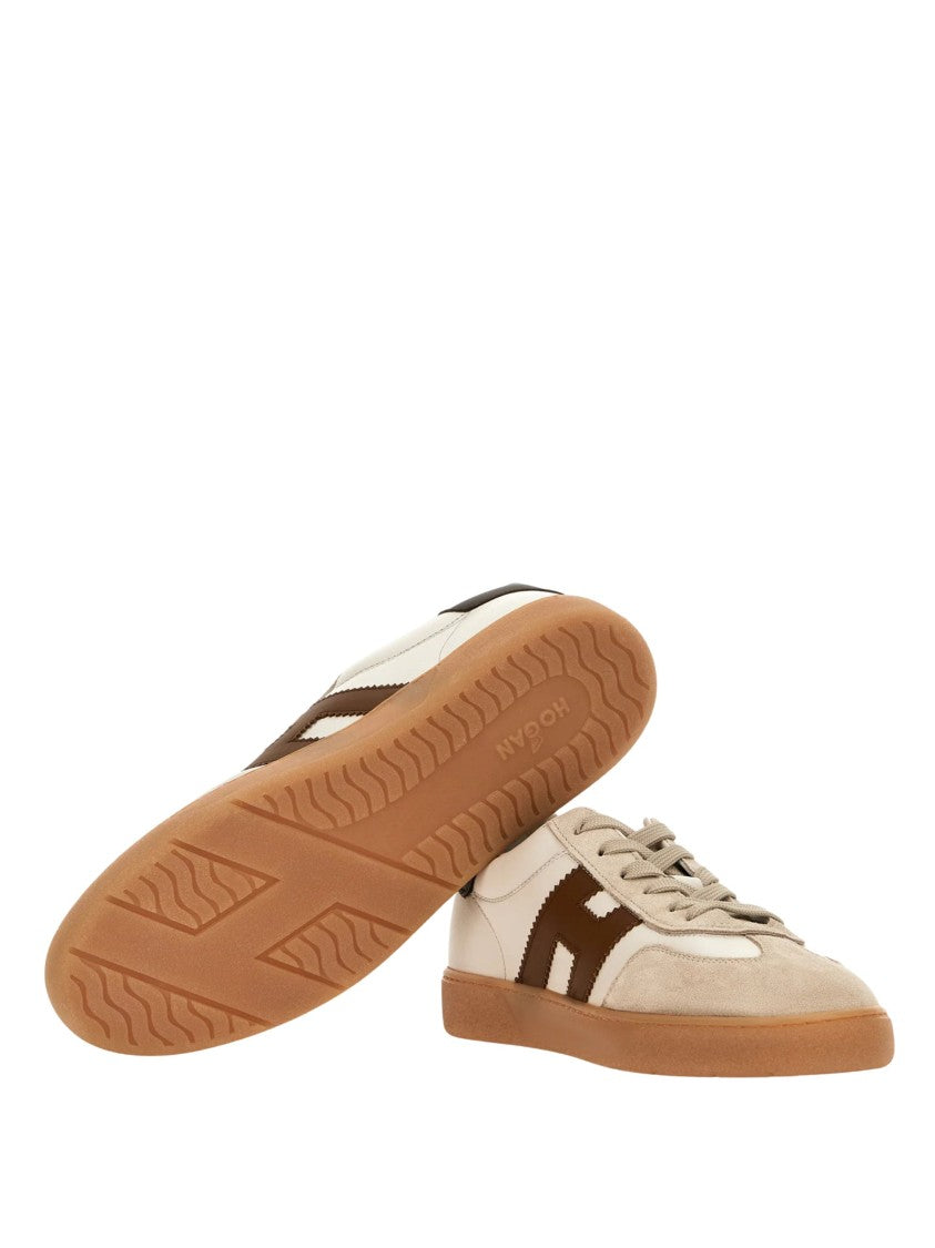 Hogan Light Beige Leather Sneakers With Appliqué Logo