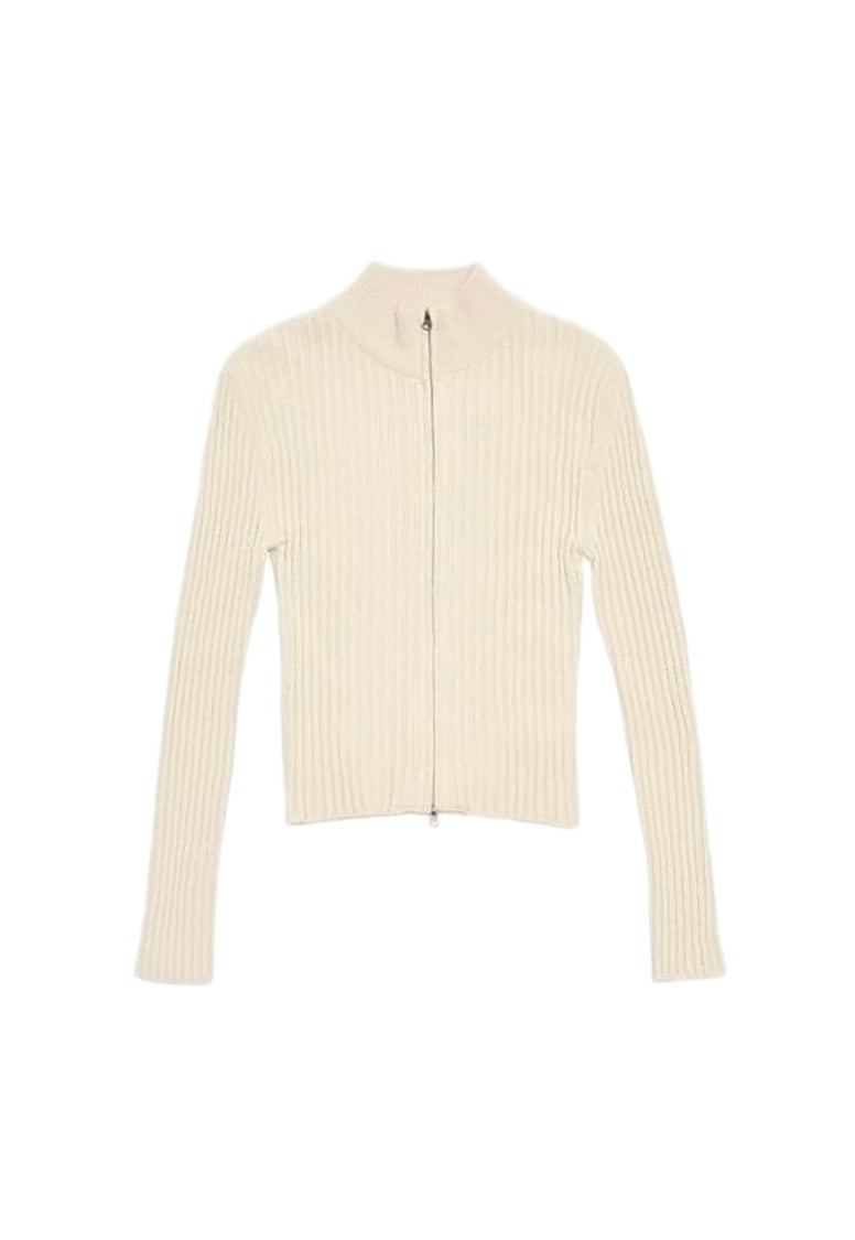 Amomento Ribbed Knit Cardigan With High Neckline