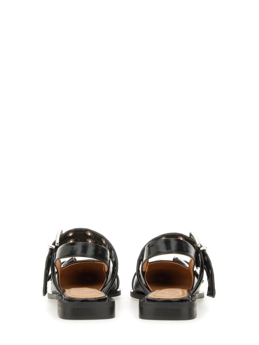 Ganni Pointed Toe Silver Buckle Polyester Flats