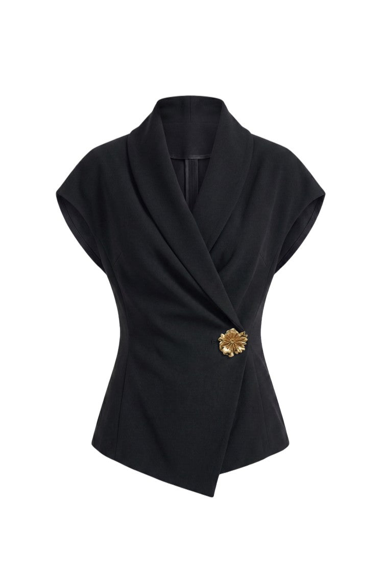 Saiid Kobeisy Jet Black Gabardine Satin Wrap-Style Top With Shawl Collar And Floral Brooch