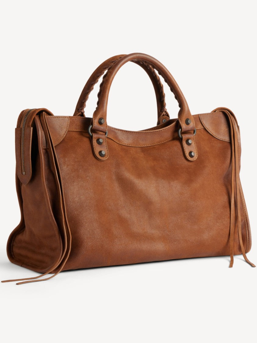 Balenciaga Rectangular Brown Leather Le City Bag With Braided Handles