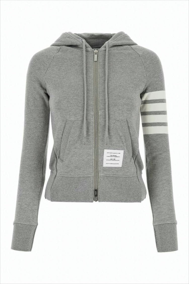 Thom Browne Fitted Grey Zip-Up Hoodie With Signature Stripes Detail