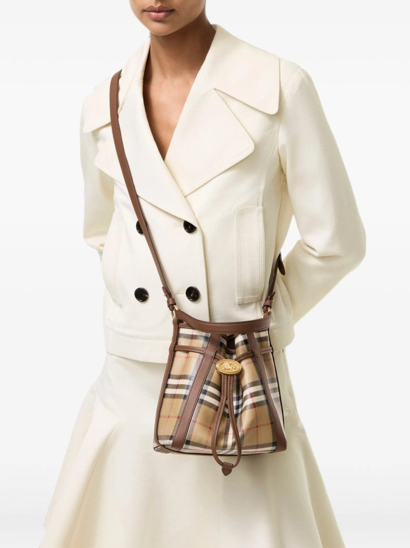 Burberry Mini Bucket Bag With Classic Check Pattern And Gold Emblem