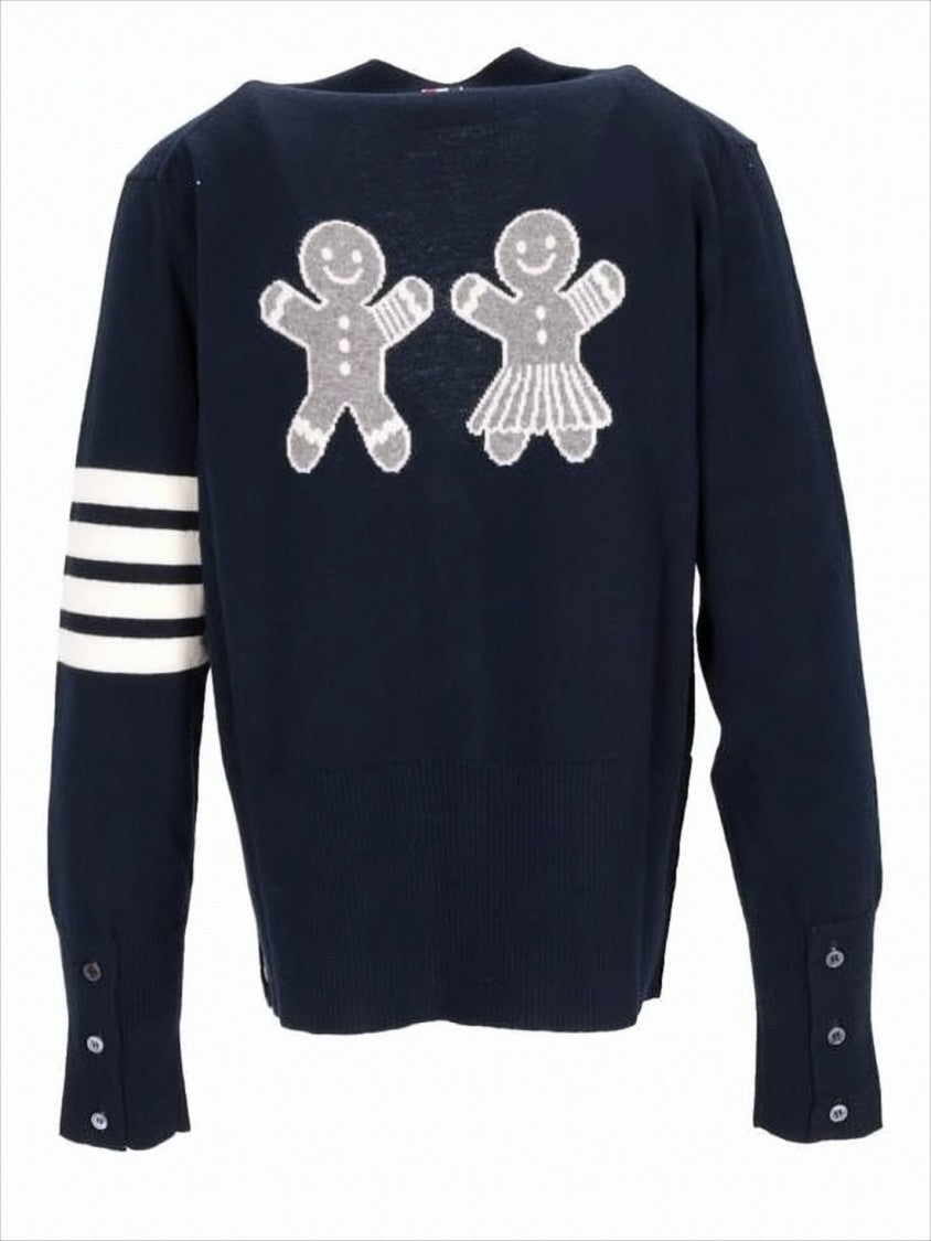 Thom Browne Wool Cardigan With Playful Gingerbread Features And Striped Sleeve