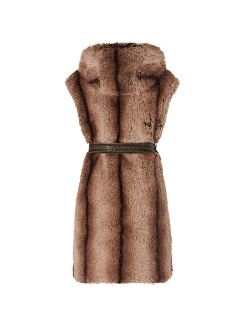 Pinko Sleeveless Fur-Texture Jacket With Waist-Cinching Belt