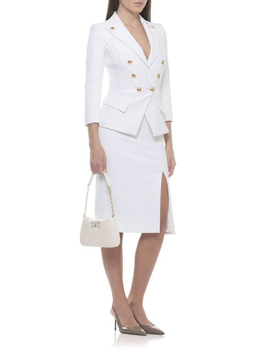 Elisabetta Franchi Ivory Double-Breasted Logoed Blazer