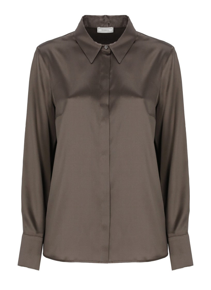 Peserico Brown Silk Long-Sleeve Shirt