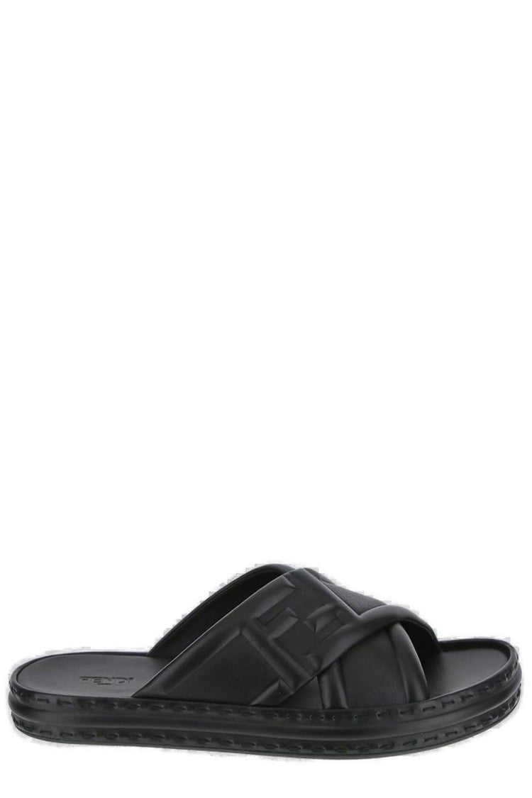 Fendi Crisscross Black Calf Leather Sandals With Textured Edge