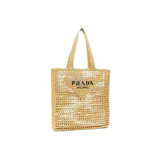 Prada Woven Raffia Tote Bag With Sturdy Handles And Logo Detail