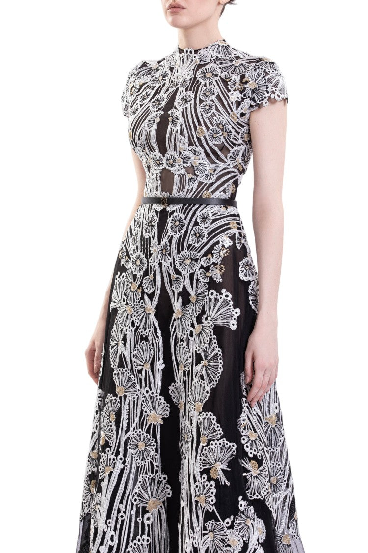 Saiid Kobeisy Jet-Black Fully Embellished Embroidered Tulle A-Line Dress