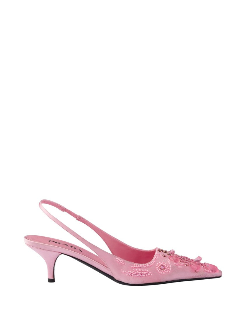 Prada Pink Decollete Embroidered Viscose-Silk Kitten Heel Pumps