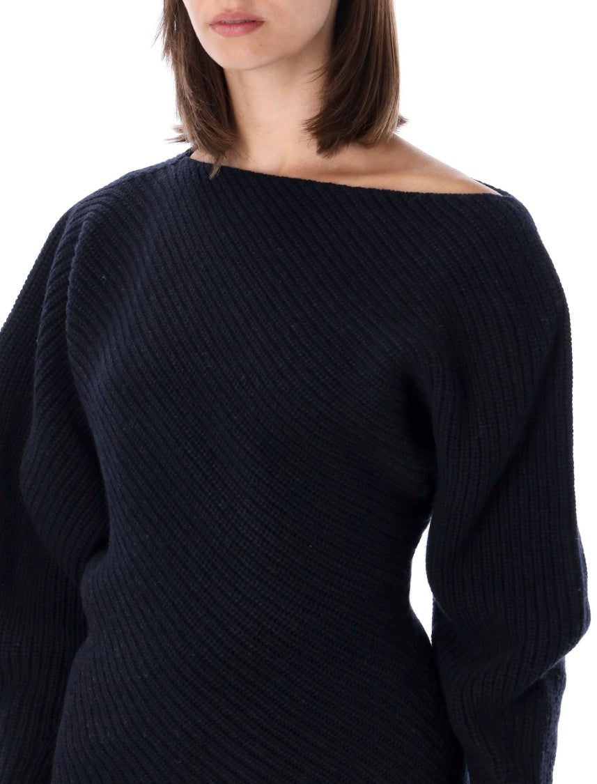 Alberta Ferretti Asymmetrical Ribbed Wool-Cashmere Balloon-Sleeve Sweater