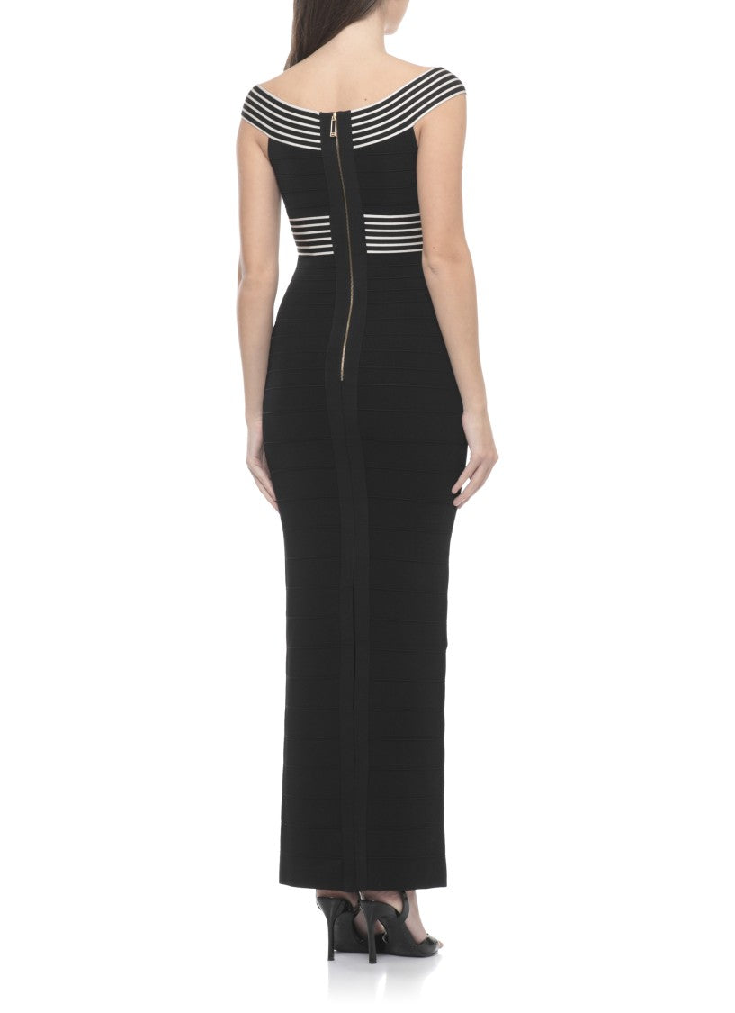 Elisabetta Franchi Black V-Neck Midi Dress With Striped Accents