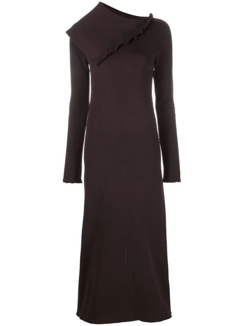Jil Sander Long-Sleeve Brown Maxi Dress With Asymmetrical Neckline And Ruffle Details