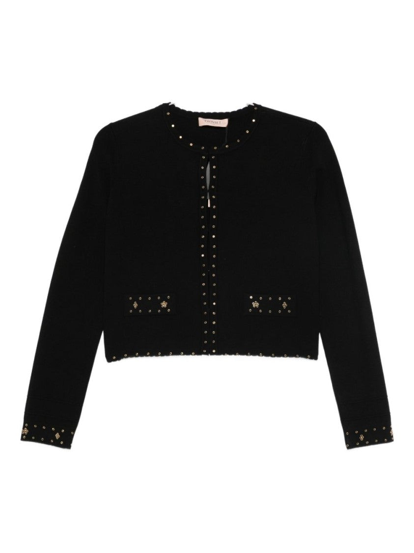 Twin-Set Cropped Black Cardigan With Metallic Eyelet Detailing