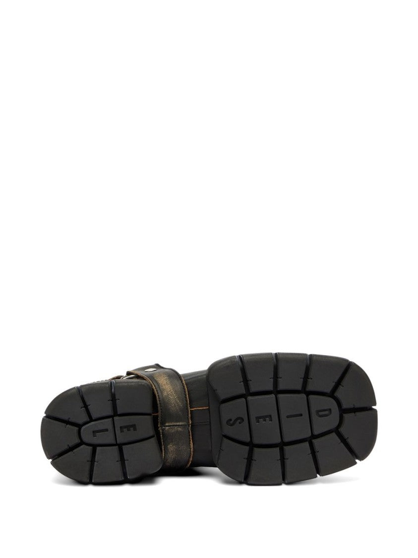 Diesel Chunky Sole Black Leather Boots With Ankle Strap Detail