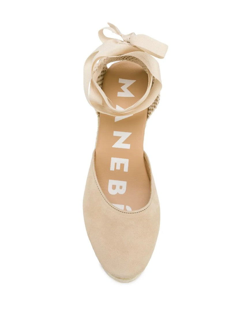 Manebi Beige Goat Leather Ankle Tie Sandals