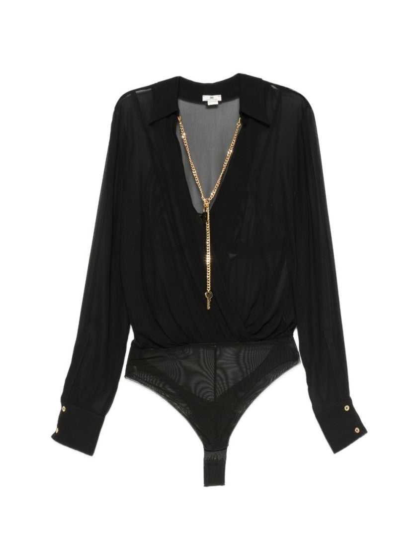 Elisabetta Franchi Black Sheer Bodysuit Gold Chain Shirt