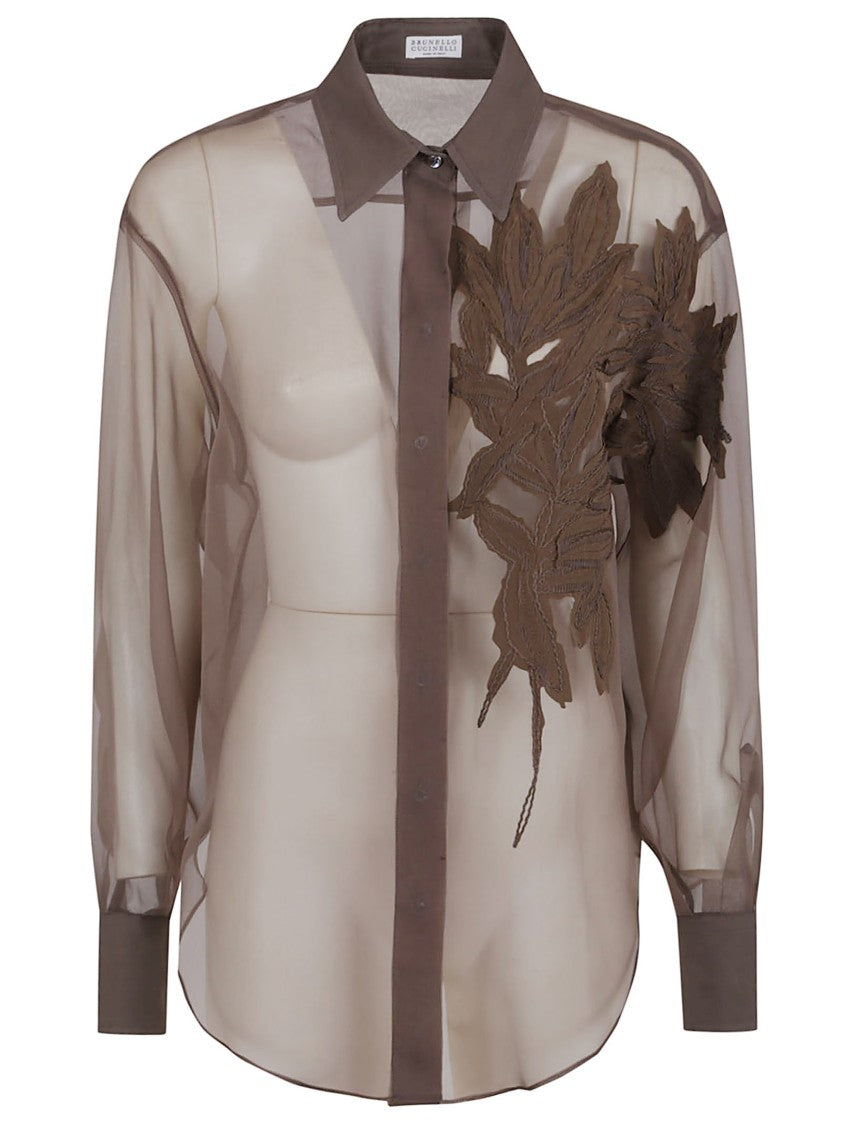 Brunello Cucinelli Sheer Silk Shirt With Floral Embroidery