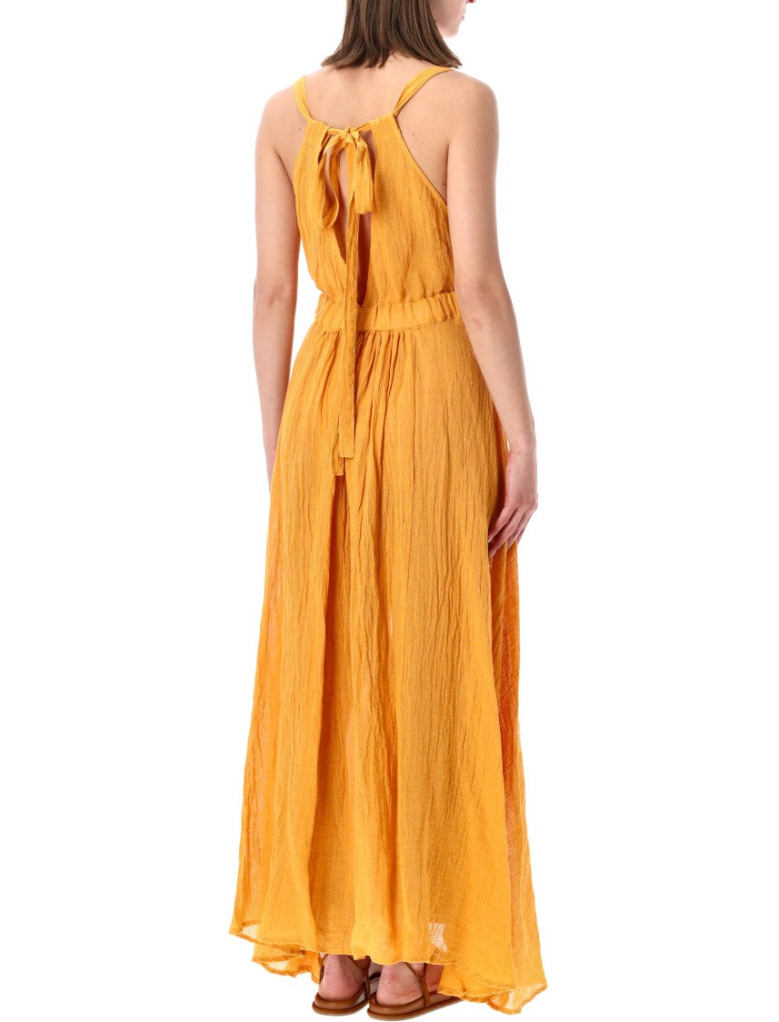 120% Lino Long Dress With Deep V-Neckline
